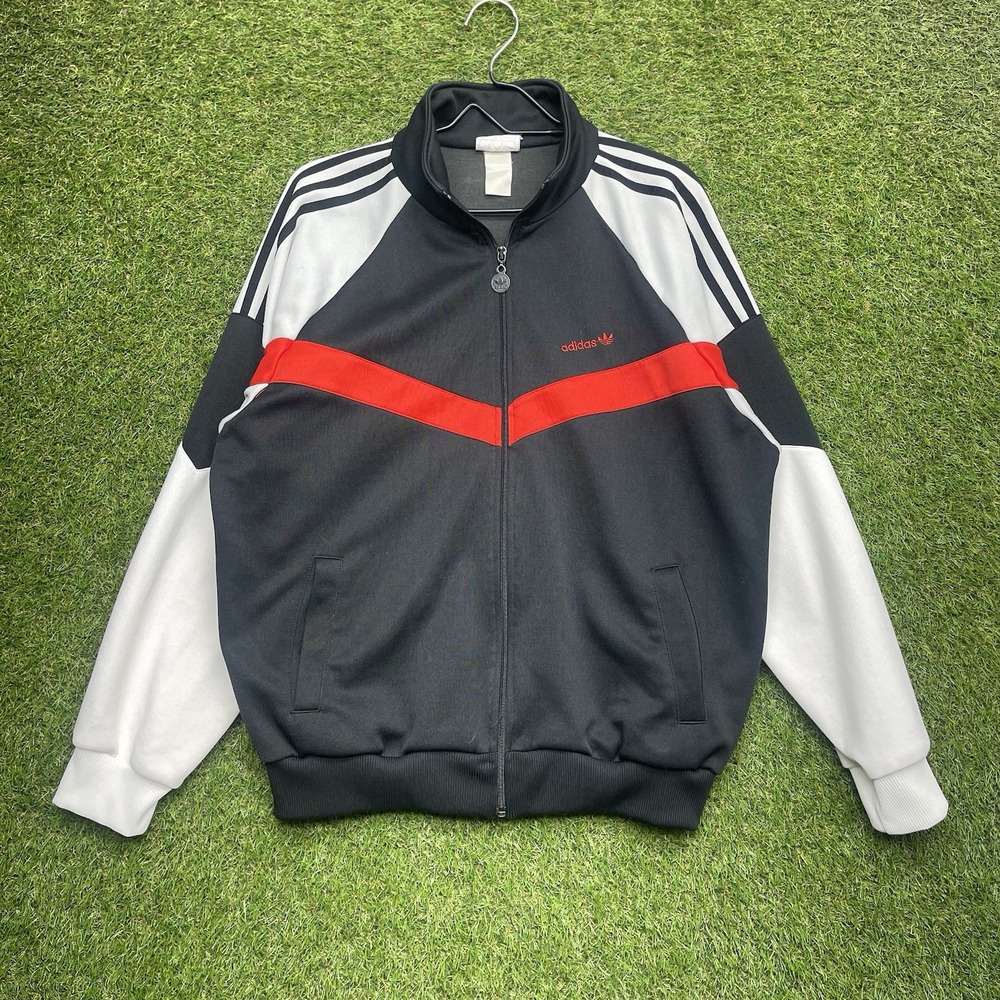 Vintage Adidas Track Jacket Mens XL Striped 80s Taiwan Zip Up Red Black Sports